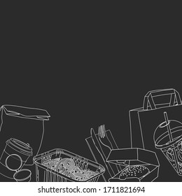 Take-away food. Paper bags, drinks, hot food and sandwiches in disposable packaging. White outline on a black background. Food delivery from the restaurant. Space for your text. Mock up. Template