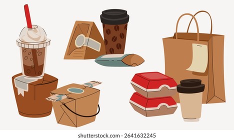 Takeaway food paper package set - coffee cups with straws, noodle boxes, sandwich wraps, burger containers and shopping bags. Eco friendly recyclable delivery supplies, sustainable materials.