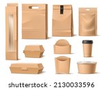 Takeaway food paper packaging. Realistic fastfood containers. Delivery pack. Blank 3D cardboard boxes, bags or cups mockup. Ziplock sachet. Meal wrapper. Coffee mug