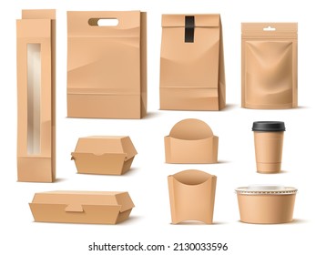 Takeaway food paper packaging. Realistic fastfood containers. Delivery pack. Blank 3D cardboard boxes, bags or cups mockup. Ziplock sachet. Meal wrapper. Coffee mug