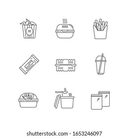 Takeaway food pixel perfect linear icons set. Wings bucket, burger box, french fries. Takeout meal packages. Customizable thin line symbols. Isolated vector outline illustrations. Editable stroke