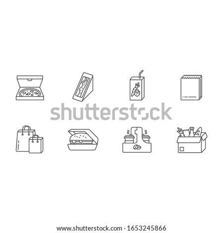 Takeaway food pixel perfect linear icons set. Customizable thin line symbols. Carry out packages. Fast food delivery. Packed pizza, sandwich. Takeout lunch. Vector outline drawing. Editable strokes