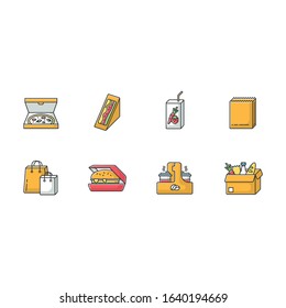 Takeaway food RGB color icons set. Carry out packages for meal. Fast food delivery. Packed pizza, sandwich, hamburger. Takeout lunch. Isolated vector illustrations