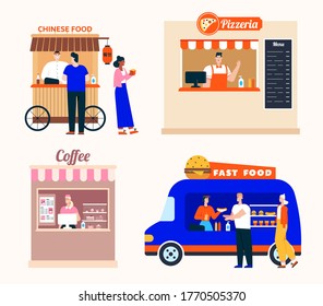 Takeaway food service in restaurants set. Chinese food, pizzeria, coffee shop, mobile fast food van. Customer buys dishes or drinks, showcase and menu, window for order. Vector character illustration