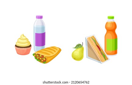 Takeaway food set. Sandwich, shawarma, cupcake and drinks, students snack meal vector illustration