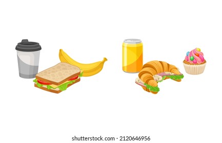 Comida para llevar. Sandwich, croissant relleno, quequitos, plátano y bebidas, bocadillos de los estudiantes ilustración vectorial