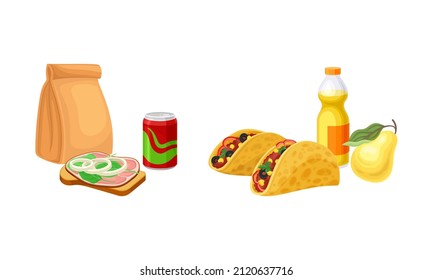 Takeaway Food Set. Sandwich, Tacos, Banana And Drinks, Students Snack Meal Vector Illustration