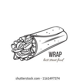 Takeaway food. Tortilla wraps with grilled chicken fillet and fresh vegetables . Street lunch. Vector illustration.