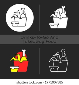 Takeaway fried chicken dark theme icon. Crispy chicken wings, legs bucket. Fast-food restaurant. Red meat intake. Linear white, simple glyph and RGB color styles. Isolated vector illustrations