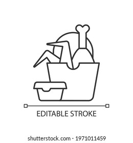 Takeaway fried chicken linear icon. Crispy chicken wings, legs bucket. Fast-food restaurant. Thin line customizable illustration. Contour symbol. Vector isolated outline drawing. Editable stroke