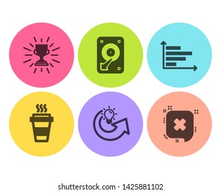 Takeaway, Horizontal chart and Share idea icons simple set. Hdd, Trophy and Reject signs. Takeout coffee, Presentation graph. Business set. Flat takeaway icon. Circle button. Vector