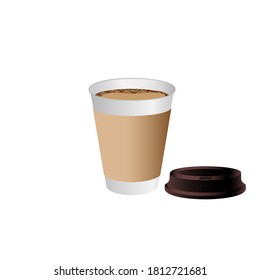 Takeaway Hot coffee cup, Hot latte coffee or Cappuccino in white paper cup with brown lid and shadow in white background