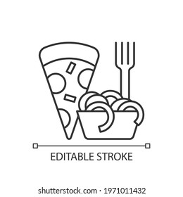 Takeaway italian food linear icon. Pizza, pasta. Italian cuisine delivery. Spaghetti, meatballs. Thin line customizable illustration. Contour symbol. Vector isolated outline drawing. Editable stroke