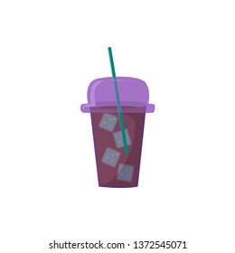 Takeaway lemonade. Plastic glass with straw and cap, cold drink, ice cube. 