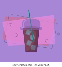 Takeaway lemonade. Plastic glass with straw and cap, cold drink, ice cube. Takeaway cups concept. Vector illustration can be used for topics like ice tea, refreshment, fresh