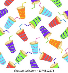 Takeaway lemonade with straw. Cold summer drink. Seamless pattern. Vector illustration. Good design for wrapping paper, textile, website backdrop or wallpaper.