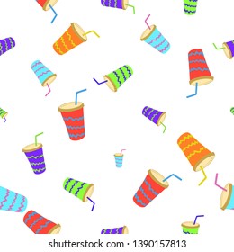 Takeaway lemonade with straw isolated on white background. Cold summer drink. Seamless pattern. Colorful paper glasses. Good design for wrapping paper, textile, website backdrop or wallpaper.