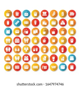 Mitnehmen Mahlzeit flach Design lange Schatten glyph große Symbole Set. Kaffee zum Mitnehmen, Salatbehälter und warmes Fastfood. Plastikverpackungen, Pappe, Papierpackungen. Silhouette RGB-Farbillustrationen