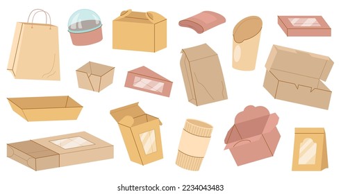 Takeaway meal pack, cartoon cardboard box. Fries potato and roll paper boxes, sauce sushi, fast food takeout packing. Drink coffee mug and decent disposables vector set