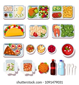 Takeaway meals assortment. Restaurant ready takeout food on disposable plates and plastic cutlery. Takeaway dishes order and delivery. Flat vector illustration isolated on white background