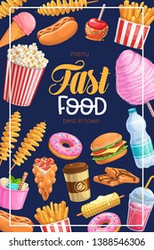 Takeaway meals, street food banner. Barbecue, sushi and boiled corn. Hong Kong waffles, spiral potato chips, lemonade and apples in caramel, hamburger and hot dog. Vector illustration.
