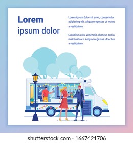 Mitnehmen Mahlzeiten LKW Flat Vektorillustration Banner Vorlage. Mann und Frau, die in der Stadt tanzen. Nehmen Sie Street Food Cooking in Van Poster Cartoon Layout mit Text Space. Freund und Freundin kaufen Snacks