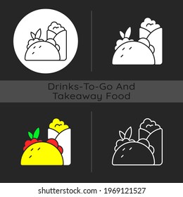 Takeaway mexican food dark theme icon. Burritos and tacos. Traditional mexican cuisine. Soft, flat corn tortillas. Linear white, simple glyph and RGB color styles. Isolated vector illustrations