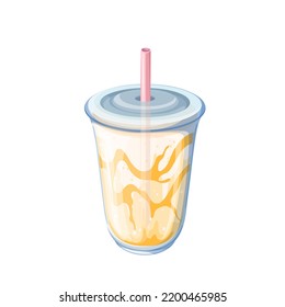 Takeaway milkshake vector illustration. Cartoon isolated mix of milk drink with sweet fruit or caramel syrup and ice, drinking straw in lid of plastic cup, summer dessert and cocktail in cafe menu