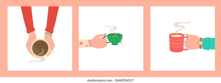 Takeaway mug icon. Coffee cup held in hand with handle and insulated design. Flat vector illustration for hot beverage, cafe order or protein drink. Paper or plastic flask for on-the-go lifestyle.

