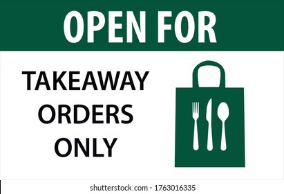 takeaway orders only, sign containing a bag with fork, knife and spoon and displaying the phrase takeaway orders only, vector illustration, green