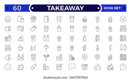 Takeaway Outline icon set. Fast food outline icons. Fast food vector icon line set. Burger sandwich pizza hot dog cola coffee sweets.
