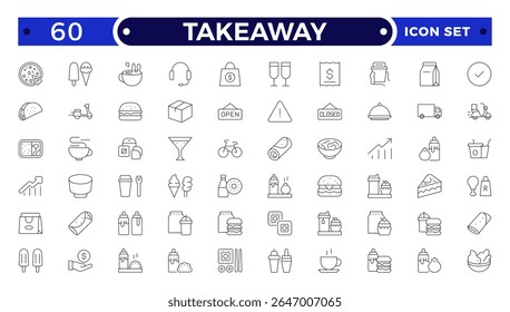 Takeaway Outline icon set. Fast food outline icons. Fast food vector icon line set. Burger sandwich pizza hot dog cola coffee sweets.
