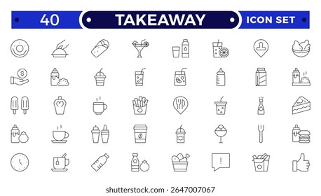 Takeaway Outline icon set. Fast food outline icons. Fast food vector icon line set. Burger sandwich pizza hot dog cola coffee sweets.

