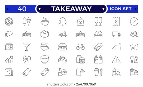 Takeaway Outline icon set. Fast food outline icons. Fast food vector icon line set. Burger sandwich pizza hot dog cola coffee sweets.
