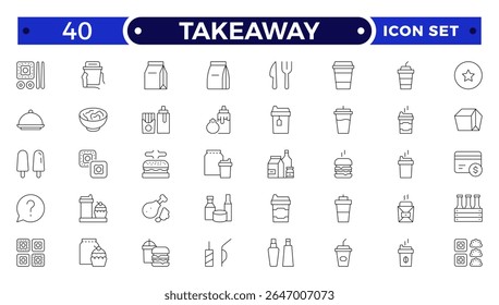 Takeaway Outline icon set. Fast food outline icons. Fast food vector icon line set. Burger sandwich pizza hot dog cola coffee sweets.
