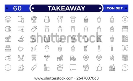 Takeaway Outline icon set. Fast food outline icons. Fast food vector icon line set. Burger sandwich pizza hot dog cola coffee sweets.
