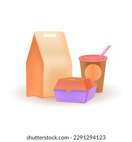 Takeaway packages 3d vector illustration. Coffee or soda cup, burger or fast food packs from restaurant in cartoon style isolated on white background. Fast food, shop, menu concept