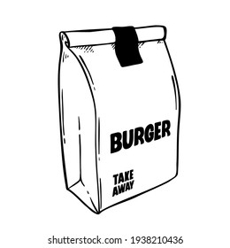 
Takeaway Packaging, Hand Drawn Burger Bag From A Hipster Restaurant