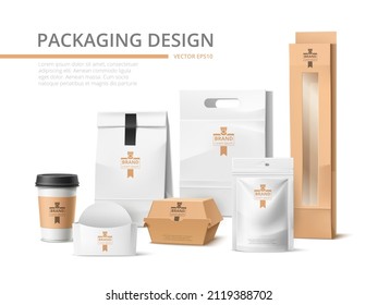 Takeaway packaging identity design. Realistic branded delivery food bags. Boxes and containers. Paper street meal pack mockup. Sachet and cup. Pouch pack. Vector empty