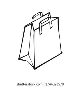 Vector de bolsa de papel de extracción con ilustración de doodle monocromo, limpio y de estilo mínimo. Para la industria alimentaria y el servicio de entrega desde cafés, tiendas y restaurantes. Bolsa vacía con asas. Líneas negras.