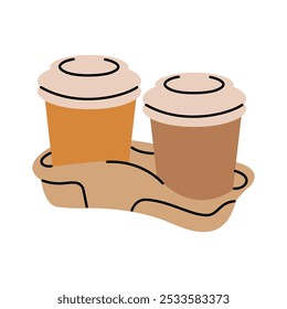 Takeaway paper coffee cup with lid and carton sleeve. Two take-away takeout tea mugs closed with plastic caps. Coffee, latte, hot drink to go. Flat vector illustration isolated on white background.