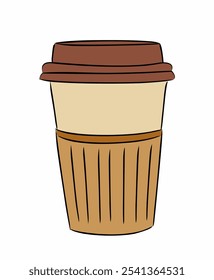 Takeaway paper coffee cup with lid and carton sleeve. Take-away takeout tea mug closed with plastic cap. Coffee, latte, hot drink to go. Flat vector illustration isolated on white background.