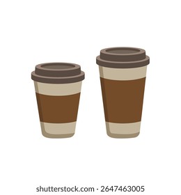 Takeaway paper coffee cup with lid and carton sleeve. Two take-away takeout tea cup closed with plastic caps. Coffee, latte, hot drink to go. Vector illustration isolated on white background