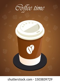 Takeaway paper coffee cup made on brown background with coffee color also with translucent coffee beans. Elements drawn in detail. In the style of 3D isometrics. It can be an icon or a sticker.