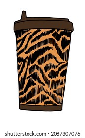 Takeaway paper coffee cups with original design with symbol of 2022. Vector illustration with hand-drawn tiger stripes. Stylish concept for the design of containers for hot drinks .
