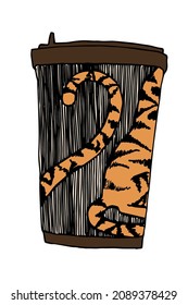 Takeaway paper coffee cups with original tiger design. Vector hand drawn illustration depicting the symbol of 2022. Stylish beverage container design concept.