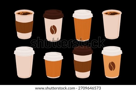 Takeaway paper coffee cups. Takeout hot drinks to go in paper mugs with lids and sleeves, zarf. Take-away tea and coffee on holder. Flat vector illustration isolated on white background