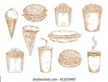 Takeaway paper cups of hot coffee and sweet soda, pepperoni pizza with mushrooms, hamburger, cheeseburger and hot dog sandwiches, boxes of french fries, ice cream cone and popcorn sketch symbol