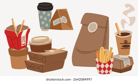 Takeaway paper package collection - brown kraft food containers with coffee cups, noodle boxes, french fries and delivery bags. Eco friendly disposable packaging for cafes and fast food service.