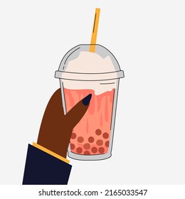 Takeaway pink bubble tea cup with plastic straw